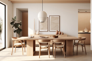 Wall Mural - Dining room in a scandinavian style with neutral decor and lamp above the table, minimalist interior style. Generative AI