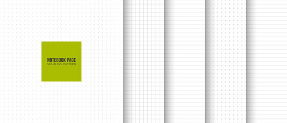 Wall Mural - collection of seamless geometric notepad page fill set in lined, squared, dotted, cross minimalistic
