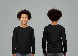 Front and back views of a little boy wearing a black long-sleeve T-shirt