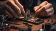 A technician repairing a broken smartphone
