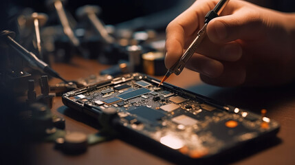 Wall Mural - A technician repairing a broken smartphone