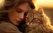 © Natalia - A woman is holding a cat in front of a sunset. Generative AI.