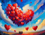 Fototapeta Tulipany - Concepto de San Valentín, cielo con globos de corazones en un cielo vibrante, pintura al óleo 