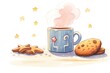a steaming mug of cocoa with a frosted cookie beside it
