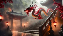 3D Rendering Of Chinese Style Dragon In The Temple With Fog