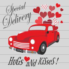 Canvas Print - happy valentine's day with hearts and red car