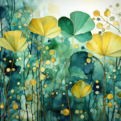 Wall Mural - Watercolor beautiful decorative floral green and yellow background