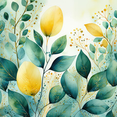 Wall Mural - Watercolor beautiful decorative floral green and yellow background