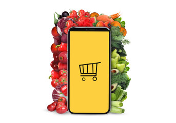 Sticker - Online purchases. Smartphone with shopping cart icon surrounded by different fruits and vegetables on white background