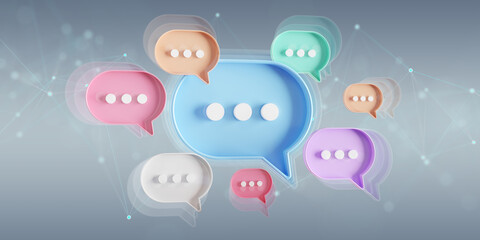 Wall Mural - Minimalist blue red orange green purple speech bubbles talk icons floating over grey background. Modern conversation or social media messages with shadow. 3D rendering