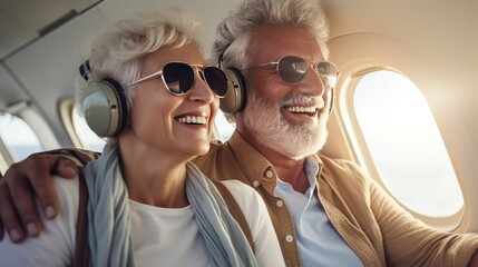 Wealthy senior couple is traveling by plane