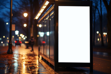 Wall Mural - Empty billboard at the bus stop on the street at night, mockup for design