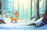 Fototapeta Dziecięca - cartoon deer foraging near a snowdrift in a forest