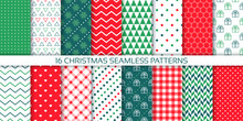 Xmas Seamless Pattern. Christmas New Year Print. Backgrounds With Gift Box, Zigzag, Snowflake, Circles And Check. Set Red Green Wrapping Papers. Collection Festive Textures. Vector Illustration