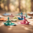 Yoga-Posen in idyllischer Natur - Origami