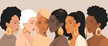 A Group Of Women With Big Earrings. Sisterhood Concept. Illustrations Of 6 Women With Different Skin Color Staying Close To Each Other, Generative AI