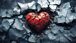 broken heart with cracks smashed into a stone surface, symbol for lovesickness and sadness