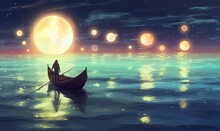 Night Scenery Of A Man Rowing A Boat Among Many Glowing Moons Floating On The Sea, Illustration Painting, Generative AI