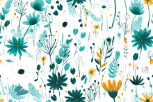 Flowers Flat Design, Seamless Pattern, Bright Background, Wall Tiles, Continues Design