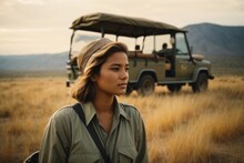 A Female Tourist Looks At The Beautiful Nature Of Africa Against The Background Of Wildlife And Vehicle. Safari, Savannah, Travel.