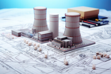 Wall Mural - Detailed nuclear power plant model over blueprints