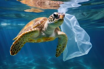 Wall Mural - Mediterranean sea turtle deep underwater with plastic bag. Ocean life, wildlife. Concept of ecology problems and plastic debris in ocean. Slow reproduction rates. Micronizing ocean plastics