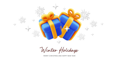 Vector illustration of realistic two blue color gift box with yellow ribbon and snowflake. 3d style holiday design of present box with snow and text on white background. Festive gift surprise template