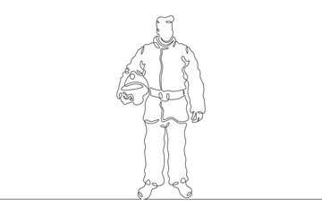 Wall Mural - Firefighter in protective uniform. Male rescuer character. Fire officer. One continuous line drawing. Linear. Hand drawn, white background. One line.