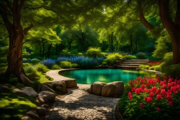 beautiful colorful summer spring natural landscape with a lake in park surrounded by green foliage of trees in sunlight and stone path in foreground.