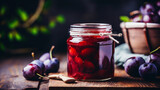 Fototapeta Do pokoju - Homemade canned plum compote in large glass jar