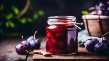 Homemade Canned Plum Compote In Large Glass Jar