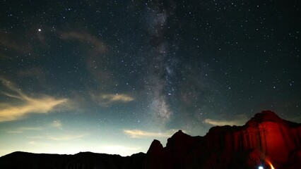 Wall Mural - Milky Way Galaxy Above Campfire Red Rock Canyon Summer South Sky 24mm Tilt Up Mojave Desert California USA