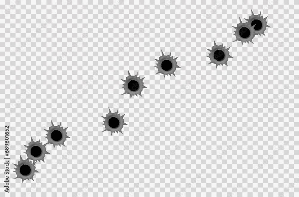Realistic bullet holes from a firearm in a metal plate are isolated on ...