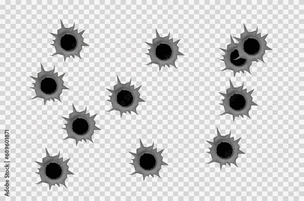 Realistic bullet holes from a firearm in a metal plate are isolated on ...