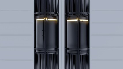Wall Mural - two glass capsule elevator with light on wall house, hotel or office center moving down and up. real