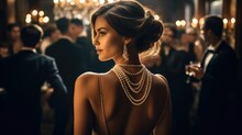 Beautiful elegant woman in cocktail dress and expensive jewelry at luxury party.