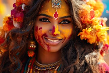 Wall Mural - beautiful indian woman with color in her face at a holly festival