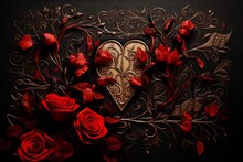 Background With Roses And Gold Heart
