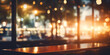 Empty outdoor café table at night with blurred street bokeh and reflections, perfect web background The night light in a party when people is enjoying and laughing Beautiful blur background  AI Genera