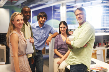 Poster - Portrait, professional startup and happy people confident in solidarity, collaboration and small business services. Job experience, entrepreneur group and sales team pride, commitment and diversity