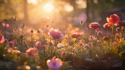 Wall Mural - Beautiful wildflowers moving in the wind with sunlight on a green meadow. Warm summer evening with a bright meadow during sunset. Grass silhouette in the light of the golden setting sun. Beautiful nat