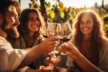 Wall Mural - Happy friends having fun, Friends toasting wine in a vineyard at outdoors.