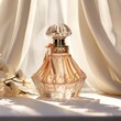 Elegant perfume bottle with intricate facets placed gently against a soft curtain background and natural light