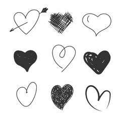 Wall Mural - Handdrawn rough marker hearts. Black heart hand drawn. Icon cute doodle. Romance and love illustrations. Loving cute sketched hearts drawing elements for greeting cards or valentines day vector design