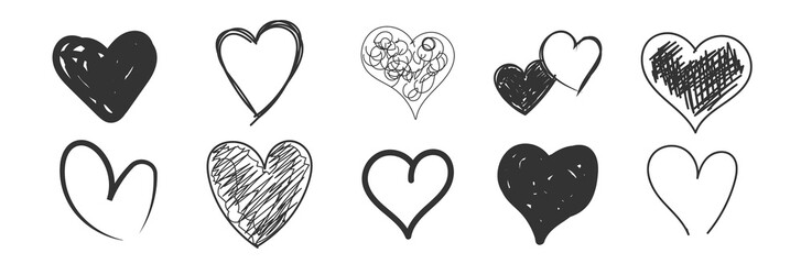 Wall Mural - Handdrawn rough marker hearts. Black heart hand drawn. Icon cute doodle. Romance and love illustrations. Loving cute sketched hearts drawing elements for greeting cards or valentines day vector design