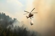Fire fighting helicopter carry water bucket to extinguish the forest fire. A helicopter dropping water