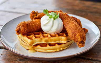 Wall Mural - Capture the essence of Chicken and Waffles in a mouthwatering food photography shot Generative AI