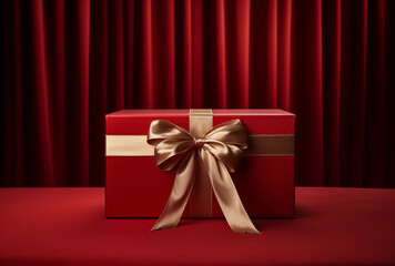 red gift box with golden ribbon.