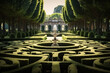 Intriguing royal garden maze with lush hedges - embodying the mystery and beauty of aristocratic leisure and regal design.