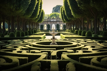 Poster - Intriguing royal garden maze with lush hedges - embodying the mystery and beauty of aristocratic leisure and regal design.